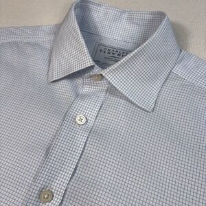 Charles Tyrwhitt Non Iron Dress Shirt Men 16-35 White Blue Grid Slim French Cuff